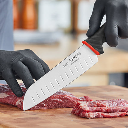 Dao Santoku lưỡi Granton Schraf 18 cm tay cầm TPRgrip màu đỏ