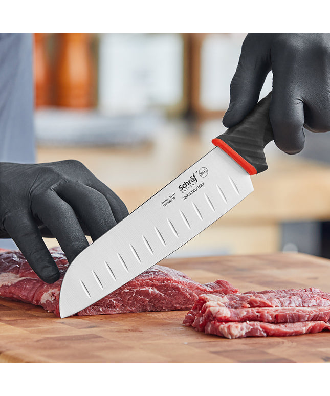 Dao Santoku lưỡi Granton Schraf 18 cm tay cầm TPRgrip màu đỏ