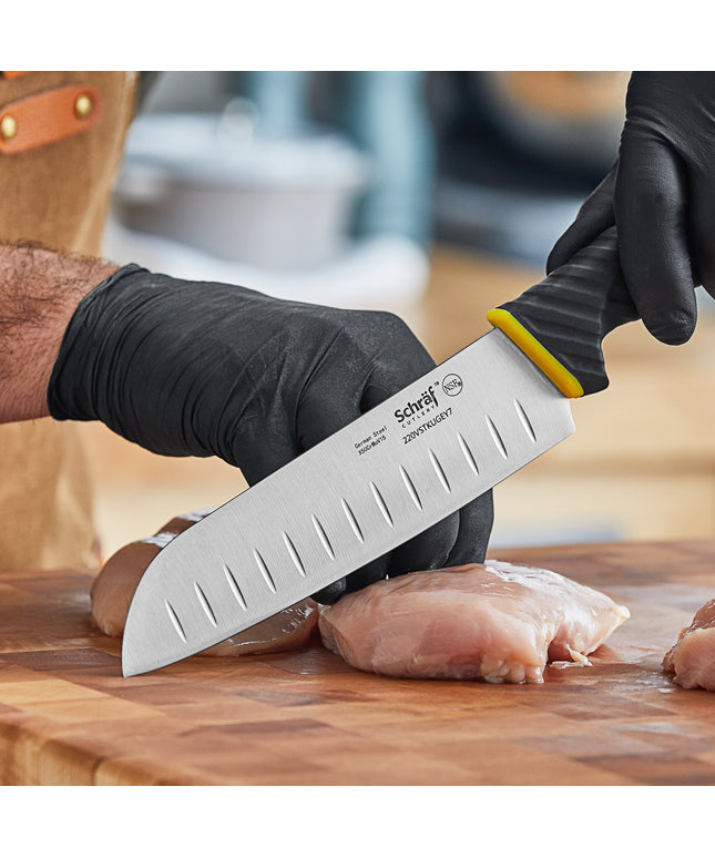 Dao Santoku lưỡi granton Schraf 17,8 cm cán TPRgrip vàng