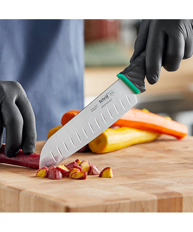 Dao Santoku Schraf 18 cm lưỡi Granton cán TPRgrip xanh lá