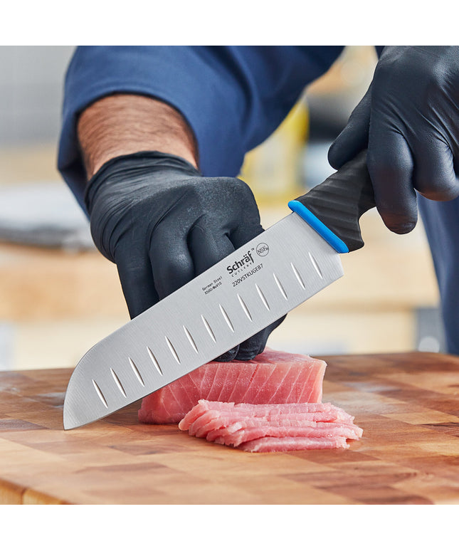 Dao châu Á Schraf 17,8 cm Granton viền Santoku Knife xanh dương TPRgrip tay cầm