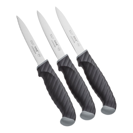 Bộ dao gọt Schraf 10,2 cm gồm 1 lưỡi răng cưa và 2 lưỡi trơn cán TPRgrip - Gói 3 cái