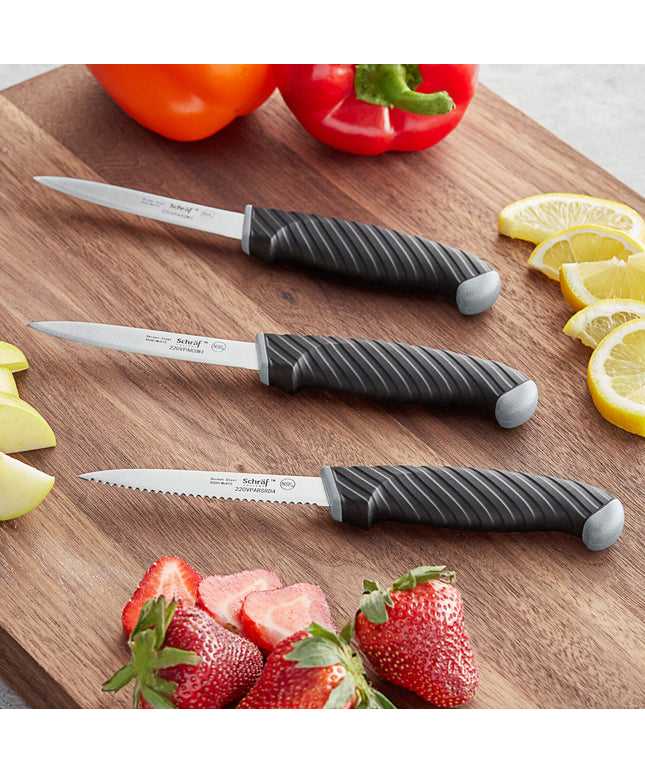 Bộ dao gọt Schraf 10,2 cm gồm 1 lưỡi răng cưa và 2 lưỡi trơn cán TPRgrip - Gói 3 cái