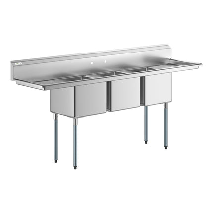 Bồn rửa công nghiệp 3 ngăn Regency 239 cm với chân thép mạ kẽm, hai khay ráo 46 cm và bồn 46 x 46 x 36 cm