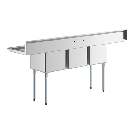 Bồn rửa công nghiệp 3 ngăn Regency 239 cm với chân thép mạ kẽm, hai khay ráo 46 cm và bồn 46 x 46 x 36 cm