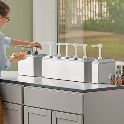 Bình phân phối gia vị ServSense thép không gỉ 4 ngăn 1,9 lít, 4 vòi bơm inox điều chỉnh định lượng