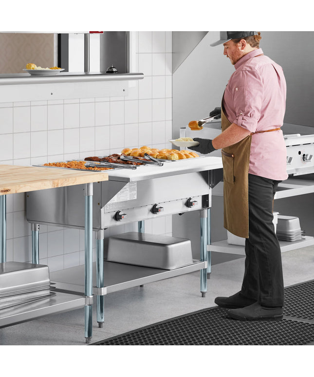 Bàn hâm nóng gas propan lỏng ServIt GST-3WE-LP ba ngăn giếng hở kèm kệ dưới - 10.500 BTU