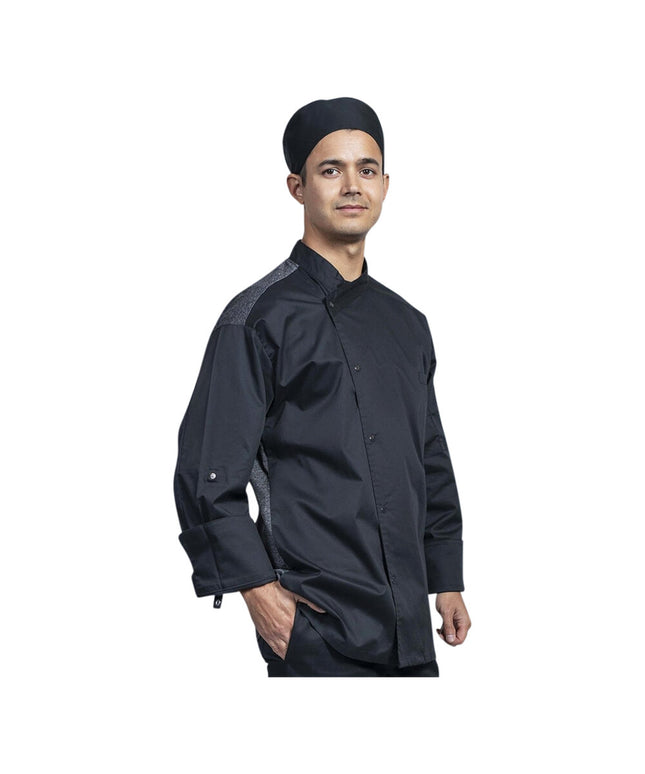 Áo đầu bếp tay dài chuyển đổi Uncommon Chef Capri unisex đen tùy chỉnh lưng lưới xám 0708HC - 2X