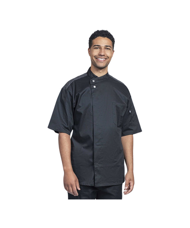 Áo bếp Uncommon Chef Brac unisex tùy chỉnh đen tay ngắn với bạc Heather lưng lưới 0718HC - 2X
