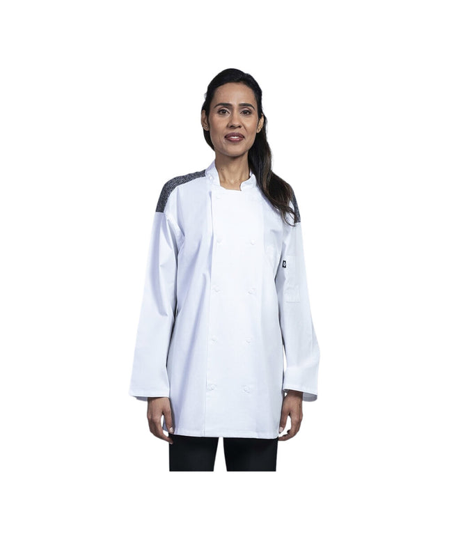 Áo bếp tay lửng unisex Uncommon Chef Split màu trắng lưng lưới đen in tùy chỉnh 0719HC - 2X