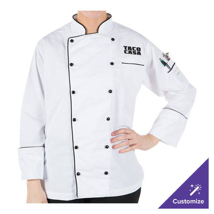 Áo đầu bếp điều hành nữ nhẹ Mercer Culinary Renaissance® trắng viền đen tùy chỉnh M62095WB - XXS