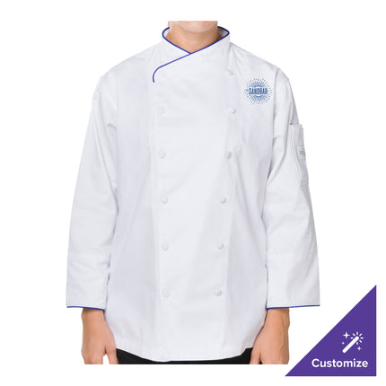 Áo bếp nữ tay dài tùy chỉnh màu trắng viền xanh coban Mercer Culinary Renaissance® M62050WRB - 2X
