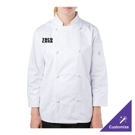 Áo bếp Mercer Culinary Genesis® Women's trắng tùy chỉnh Long tay áo áo bếp Cloth Knot Buttons M61040WH - 2X