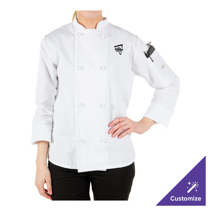 Áo bếp nữ dài tay Mercer Culinary Millennia màu trắng nút thắt vải tùy chỉnh M60022WH - 2XL
