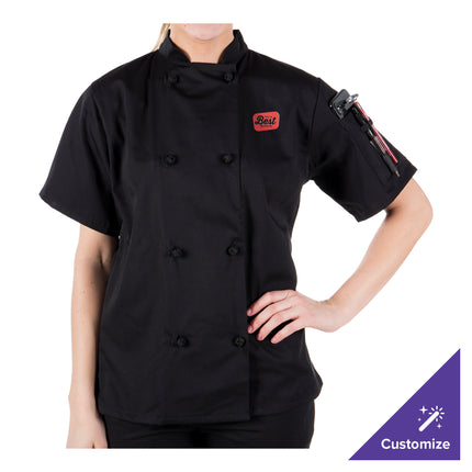 Áo bếp nữ tay ngắn Mercer Culinary Millennia đen nút thắt vải, tùy chỉnh M60024BK - 2XL