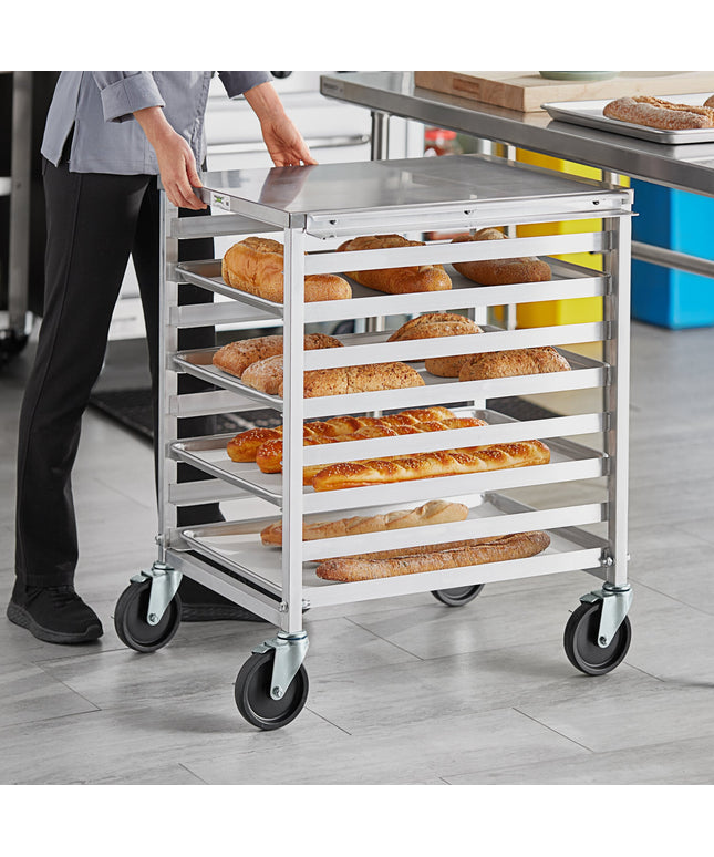 Xe để khay nướng nhôm 8 khay Regency nạp đầu, dưới bàn với mặt và thanh dẫn inox