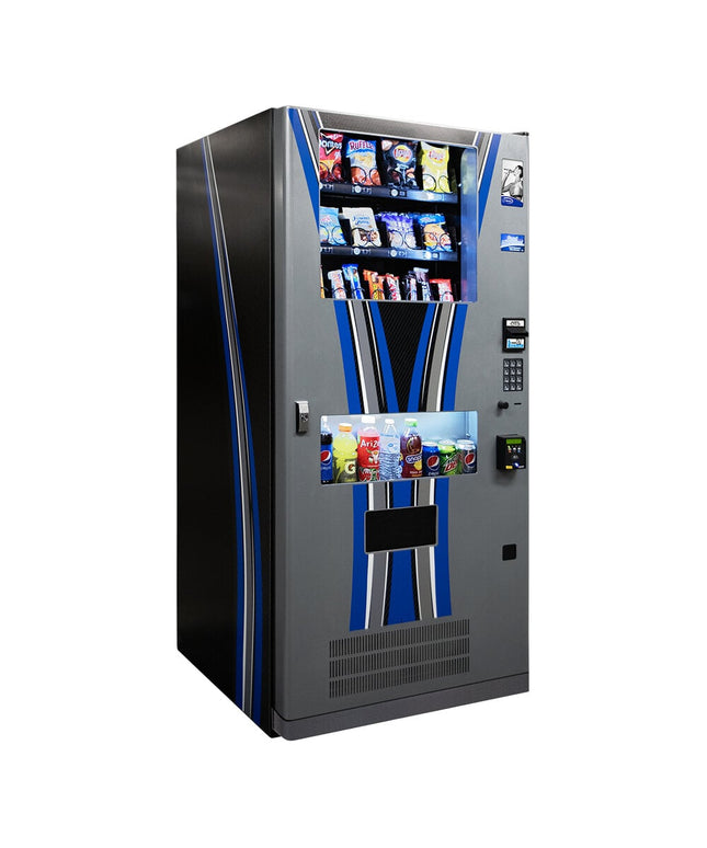 Máy bán hàng tự động Seaga QUICKBreak 29-Item Ambient / làm lạnh / tủ bán kết hợp với đen / xanh dương Striped Graphic