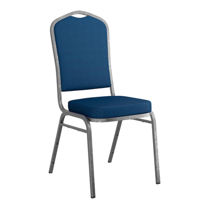 Ghế tiệc lưng vương miện xếp chồng Lancaster Table & Seating bọc vải navy khung ánh bạc
