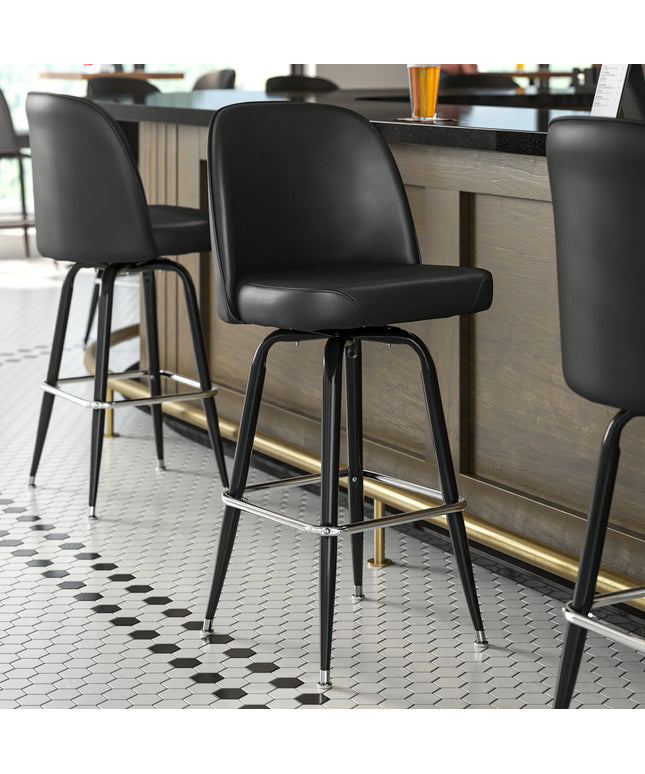 Ghế quầy bar xoay Lancaster Table & Seating màu đen, mặt ngồi vinyl đen kiểu bucket