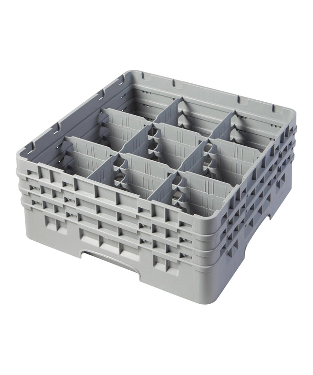 Giá đựng ly 9 ngăn màu xám Cambro Camrack 9S638151 cỡ đầy đủ cao 17,5 cm kèm 3 ngăn nối