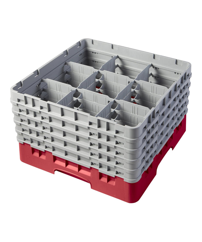 Giá đựng ly 9 ngăn màu đỏ Cambro Camrack 9S958163 cỡ đầy đủ cao 25,7 cm kèm 5 ngăn nối