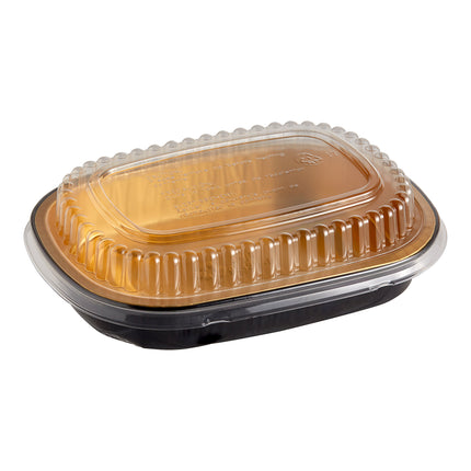 Khay giấy bạc đựng món mang đi thành trơn đen vàng Durable Packaging 9331-PT-100 kèm nắp vòm 689 ml - Thùng 100 cái