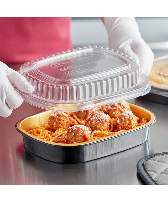 Khay giấy bạc đựng món mang đi thành trơn đen vàng Durable Packaging 9331-PT-100 kèm nắp vòm 689 ml - Thùng 100 cái