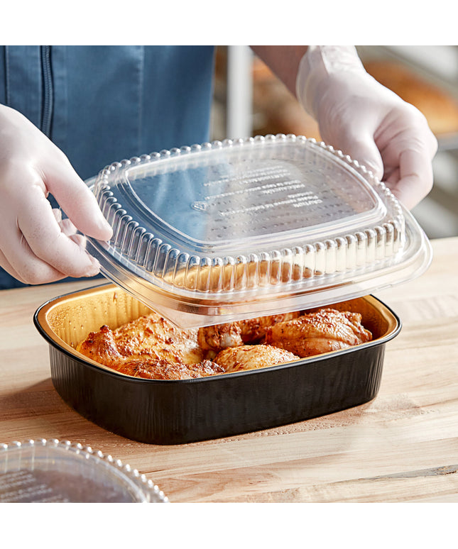 Khay giấy bạc đựng món chính / mang đi Durable Packaging 944-PT-50 Black Diamond thành trơn đen vàng cỡ vừa với nắp vòm 