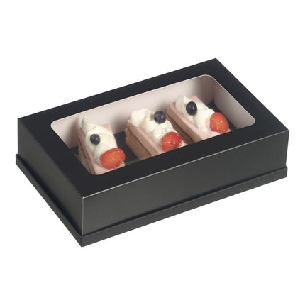 Hộp bánh Solia cỡ 1/4 26 cm x 15,7 cm x 6,5 cm đen Paperboard nắp khay gastro có cửa sổ - Thùng 250 cái