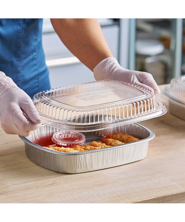 Khay entrée / mang đi thành trơn bạc cỡ vừa Durable Packaging 9442-SL-50 kèm nắp vòm 1,4 lít - Vỉ 10 cái