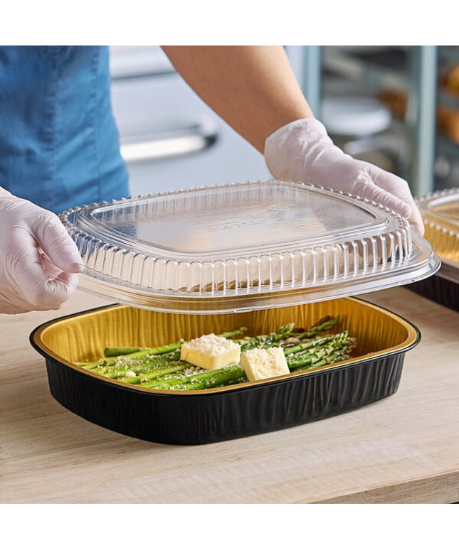 Khay entrée / mang đi thành trơn đen viền vàng Durable Packaging 9553-PT-50 kèm nắp vòm 1,9 lít - Thùng 50 cái