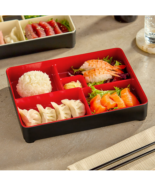 Hộp bento melamine hai tông màu Elite Global Solutions JW11852T Karma đen và đỏ 27,3 x 21,3 cm
