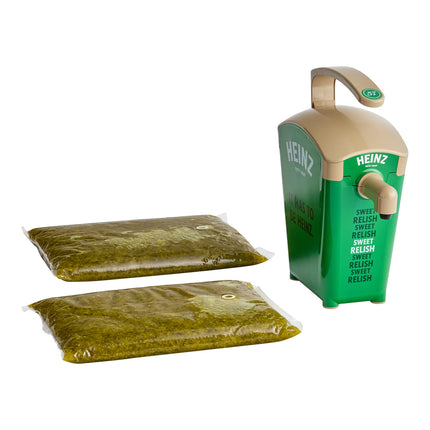 Bình phân phối dạng bơm Heinz Keystone nhựa xanh lá đặt bàn 5,7 lít kèm 2 túi mứt dưa chua ngọt Heinz