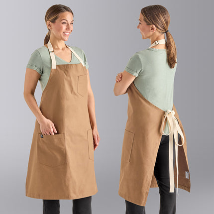 Tạp dề yếm vải 100% cotton có thể tùy chỉnh Uncommon Chef 3104 Rebel nâu caramel, dây viền tự nhiên và 3 túi