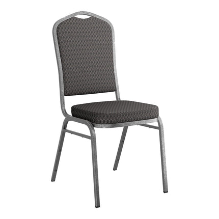 Ghế tiệc xếp chồng lưng vương miện vải hoa văn đen khung bạc Lancaster Table & Seating