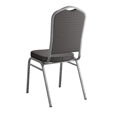 Ghế tiệc xếp chồng lưng vương miện vải hoa văn đen khung bạc Lancaster Table & Seating