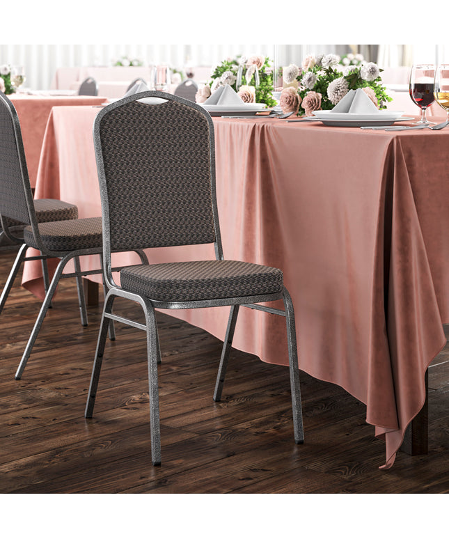 Ghế tiệc xếp chồng lưng vương miện vải hoa văn đen khung bạc Lancaster Table & Seating