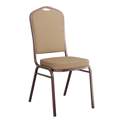 Ghế tiệc xếp chồng Lancaster Table & Seating lưng vương miện bọc vải nâu vàng khung vân đồng