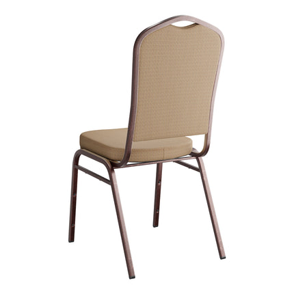 Ghế tiệc xếp chồng Lancaster Table & Seating lưng vương miện bọc vải nâu vàng khung vân đồng