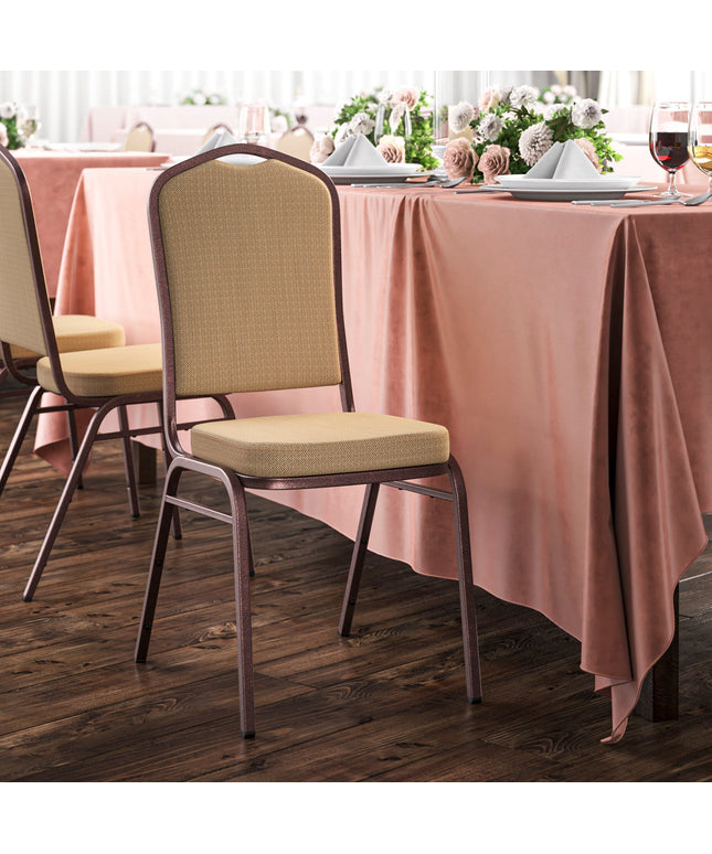 Ghế tiệc xếp chồng Lancaster Table & Seating lưng vương miện bọc vải nâu vàng khung vân đồng