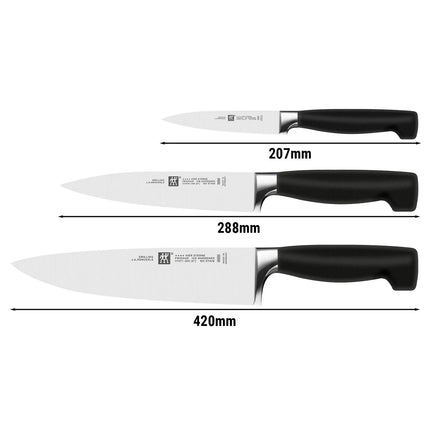 (3-piece) ZWILLING | Four Star Knife Set – 10 cm paring, 16 cm carving, 20 cm chef’s - FRIODUR ice-hardened