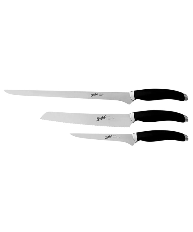 (3 pieces) BERKEL | Teknica Professional Knife Set – Black Resin Handles – Ham, Bread & Boning – 3 mm Steel Blades
