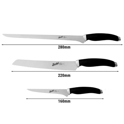 (3 pieces) BERKEL | Teknica Professional Knife Set – Black Resin Handles – Ham, Bread & Boning – 3 mm Steel Blades