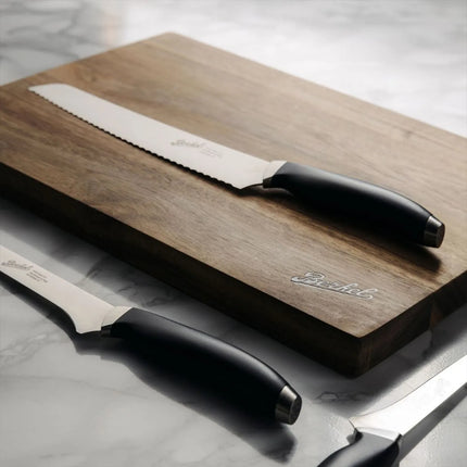 (3 pieces) BERKEL | Teknica Professional Knife Set – Black Resin Handles – Ham, Bread & Boning – 3 mm Steel Blades