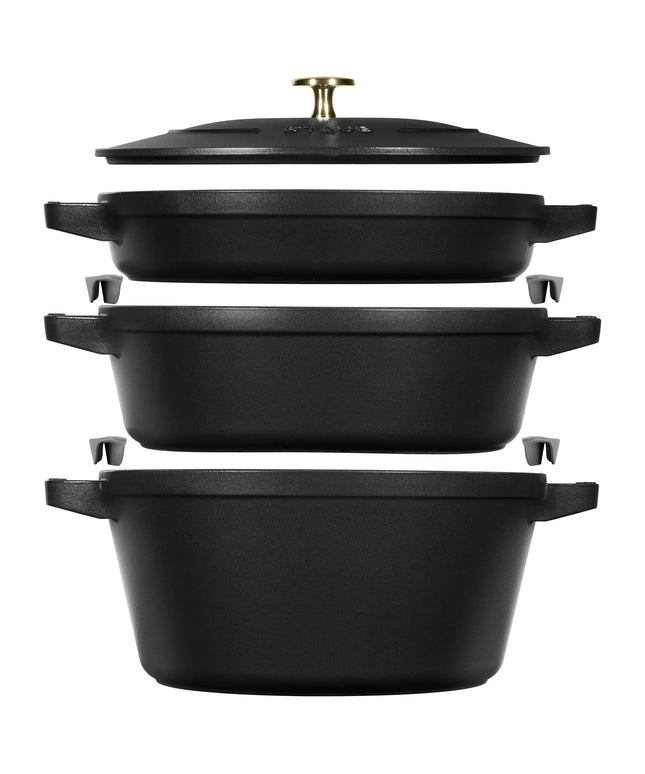 (3 pieces) STAUB | Stackable Cast Iron Cocotte & Pan Set – Ø 24 cm - Black - Enamelled + Lid