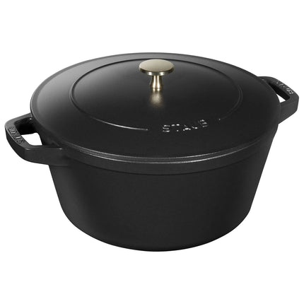(3 pieces) STAUB | Stackable Cast Iron Cocotte & Pan Set – Ø 24 cm - Black - Enamelled + Lid