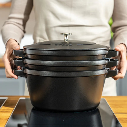(3 pieces) STAUB | Stackable Cast Iron Cocotte & Pan Set – Ø 24 cm - Black - Enamelled + Lid