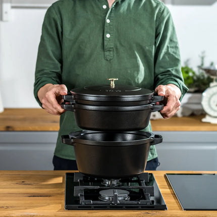 (3 pieces) STAUB | Stackable Cast Iron Cocotte & Pan Set – Ø 24 cm - Black - Enamelled + Lid