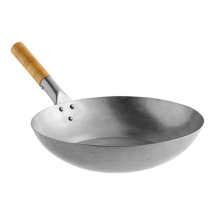 Chảo wok Mandarin đáy phẳng thép carbon Emperor's Select 36 cm tay cầm gỗ