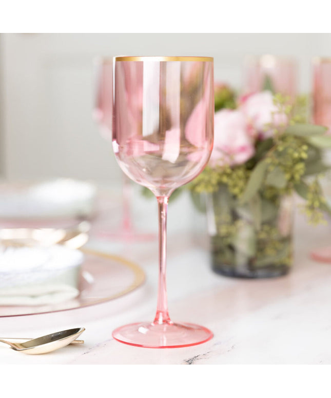 Ly rượu vang nhựa tròn màu hồng viền vàng Posh Setting 355 ml - Thùng 60 cái